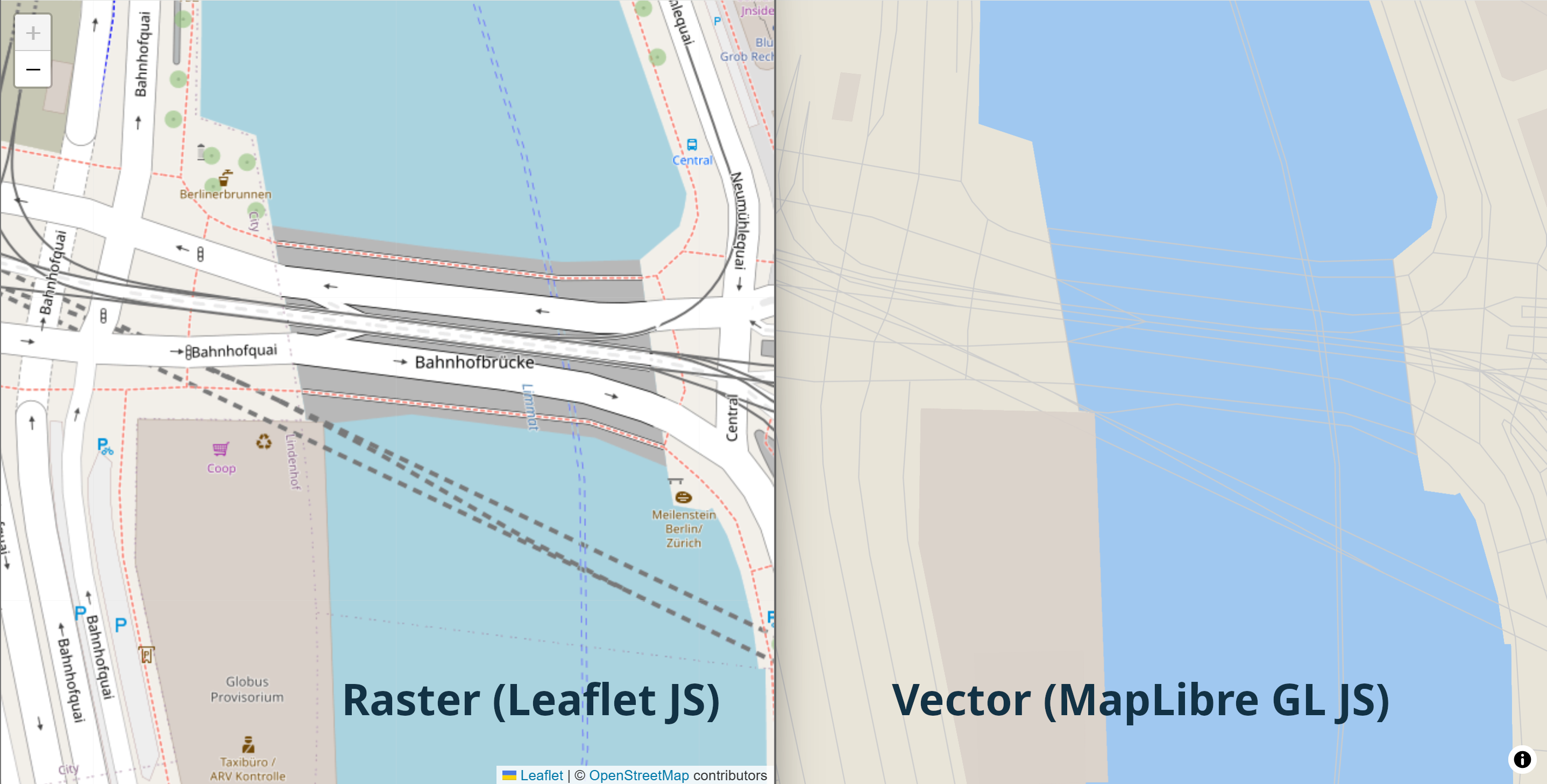 Side-by-side comparison of raster (via Leaflet) and vector (Maplibre) tiles