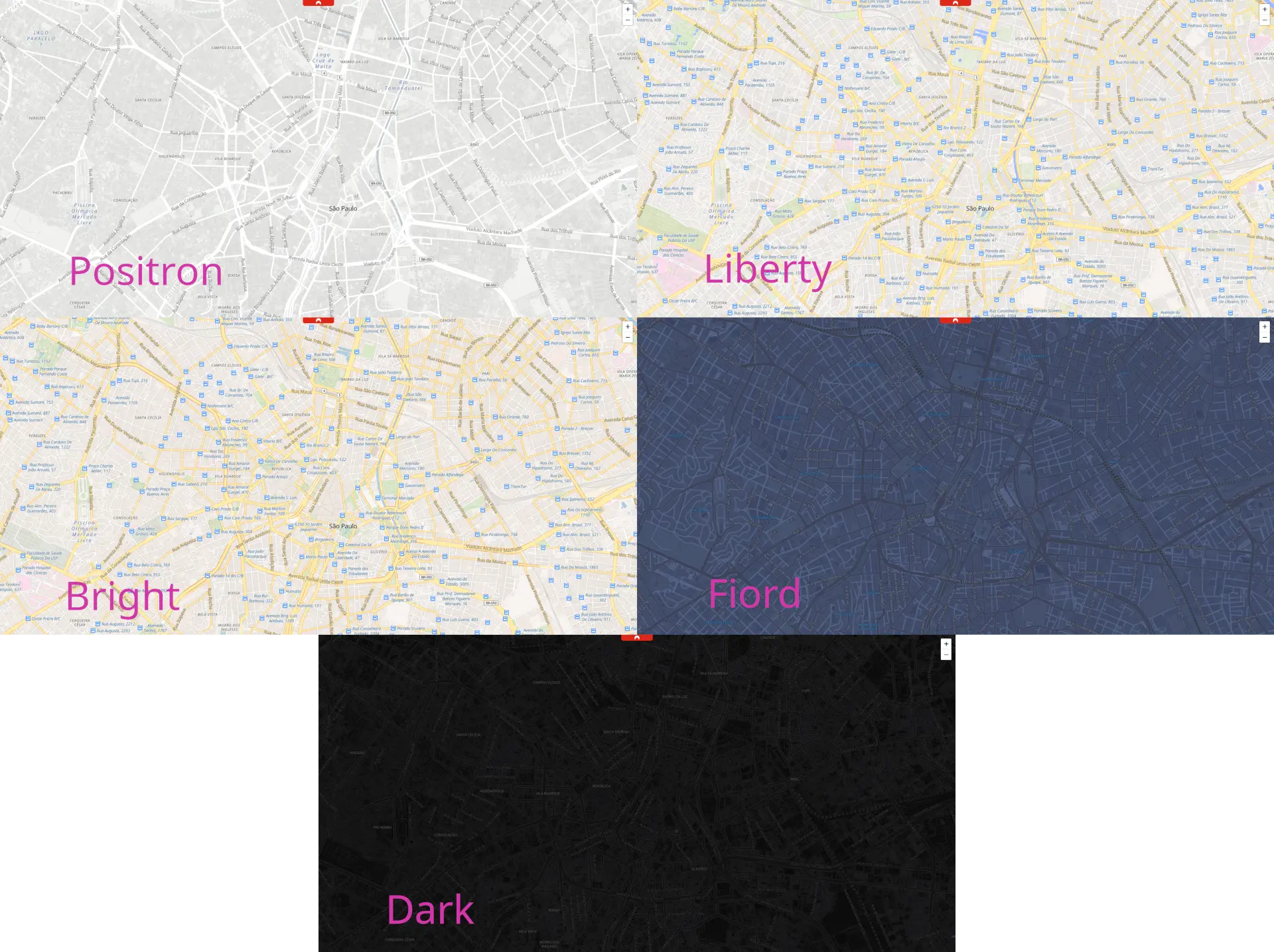 Side-by-side comparison of default styles from OpenFreeMap